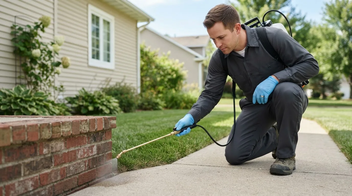 Pest control technician treating a home near Tyndall, SD