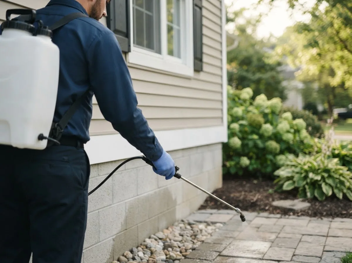 Pest control technician inspecting a home in Tyndall, SD